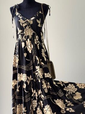 Mango Black and Cream Floral Tiered Maxi Dress